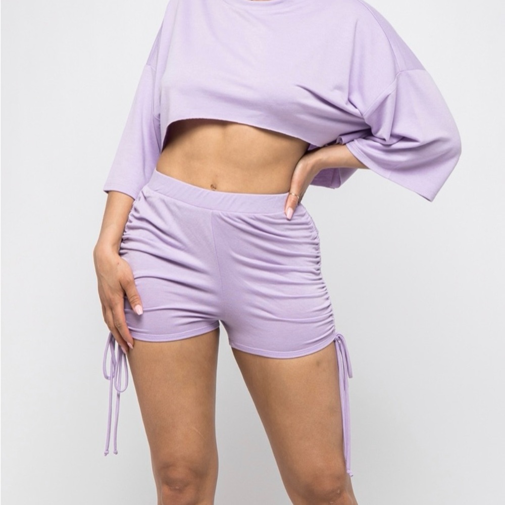 Lavender Ruched Crop Top and Shorts Set